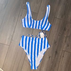 Blue & White Striped High Waisted Bikini
